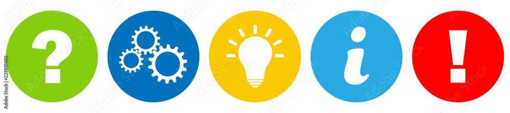 Buttons / Fragezeichen / Zahnrad / Idee / Info / Achtung / Zeichen / Symbol / Einfach Buttons / Fragezeichen / Zahnrad / Idee / Info / Achtung / Zeichen / Symbol / Einfach