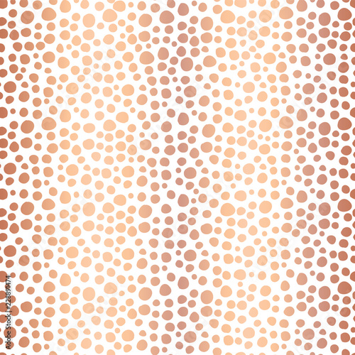 Copper foil dots seamless vector pattern background. Shiny metallic rose gold irregular circle shapes on white backdrop. For digital paper, banner, gift wrap, card, invitation, New Year, Christmas