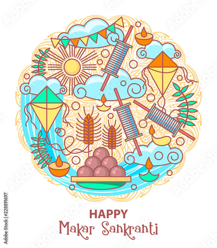 Makar Sankranti kites festival of India. Food, candels, sun, kite string spool background. Makar Sankranti celebration vector illustration