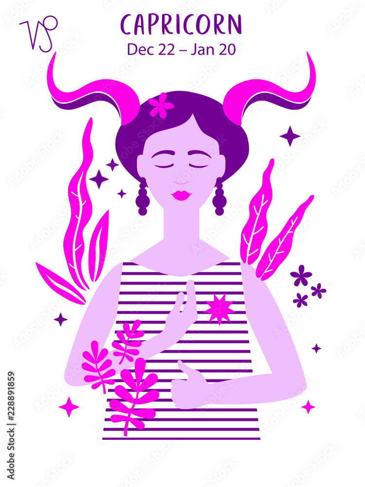 Obraz premium Capricorn zodiac sign. Girl vector illustration. Astrology zodiac profile. Astrological sign as a beautiful women. Future telling, horoscope, alchemy, spirituality, occultism, fashion