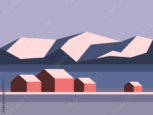 Winter landscape with mountains and houses vector illustration