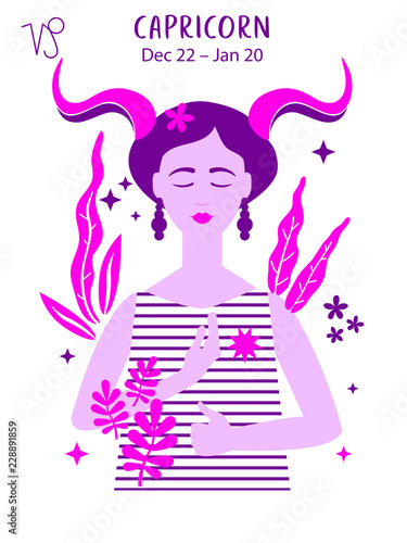 Capricorn zodiac sign. Girl vector illustration. Astrology zodiac profile. Astrological sign as a beautiful women. Future telling, horoscope, alchemy, spirituality, occultism, fashion
