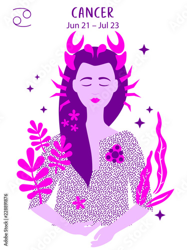 Cancer zodiac sign. Girl vector illustration. Astrology zodiac profile. Astrological sign as a beautiful women. Future telling, horoscope, alchemy, spirituality, occultism, fashion