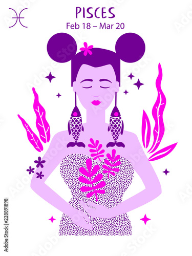 Pisces zodiac sign. Girl vector illustration. Astrology zodiac profile. Astrological sign as a beautiful women. Future telling, horoscope, alchemy, spirituality, occultism, fashion