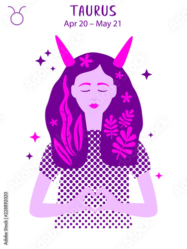 Taurus zodiac sign. Girl vector illustration. Astrology zodiac profile. Astrological sign as a beautiful women. Future telling, horoscope, alchemy, spirituality, occultism, fashion