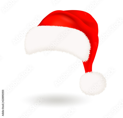 Single realistic red Santa Claus hat with fluffy fur pompon isolated on white background. Vector illustration