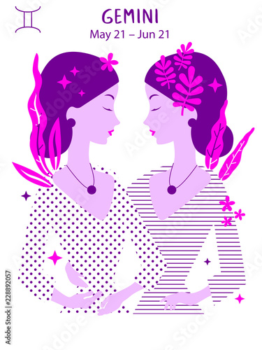 Gemini zodiac sign. Girl vector illustration. Astrology zodiac profile. Astrological sign as a beautiful women. Future telling, horoscope, alchemy, spirituality, occultism, fashion