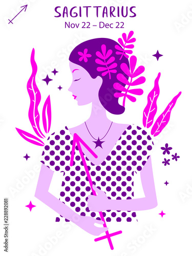 Sagittarius zodiac sign. Girl vector illustration. Astrology zodiac profile. Astrological sign as a beautiful women. Future telling, horoscope, alchemy, spirituality, occultism, fashion