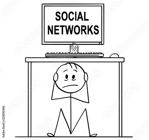 Cartoon stick drawing conceptual illustration of stressed man or businessman sitting hidden under office desk with social networks text on the screen.