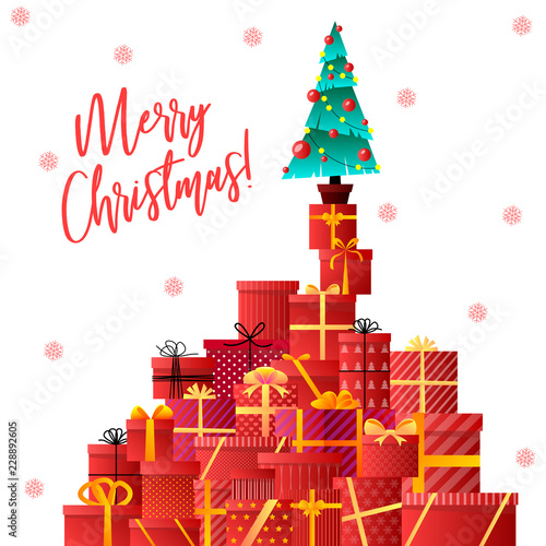 Merry Christmas. Christmas tree, gifts. Xmas celebration. Decorated christmas tree with gift boxes, balls and lamps. Gifts with bows and ribbons. Stack of colorful present gift boxes