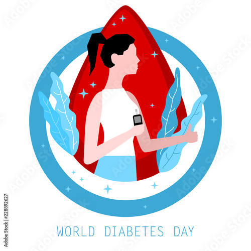 Girl with glucose meter. Symbol of diabetic and fight against diabetes. World Diabetes Day. Blood drop. Blue circle. Medical flat illustration. Health care