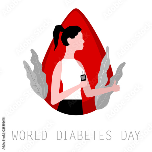 Girl with glucose meter. Symbol of diabetic and fight against diabetes. World Diabetes Day. Blood drop. Medical flat illustration. Health care