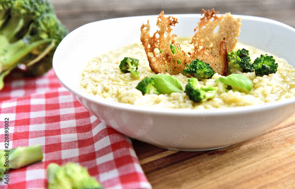 Broccoli Risotto topping with broccoli and rye bread grill. Broccoli Risotto topping with broccoli and rye bread grill.