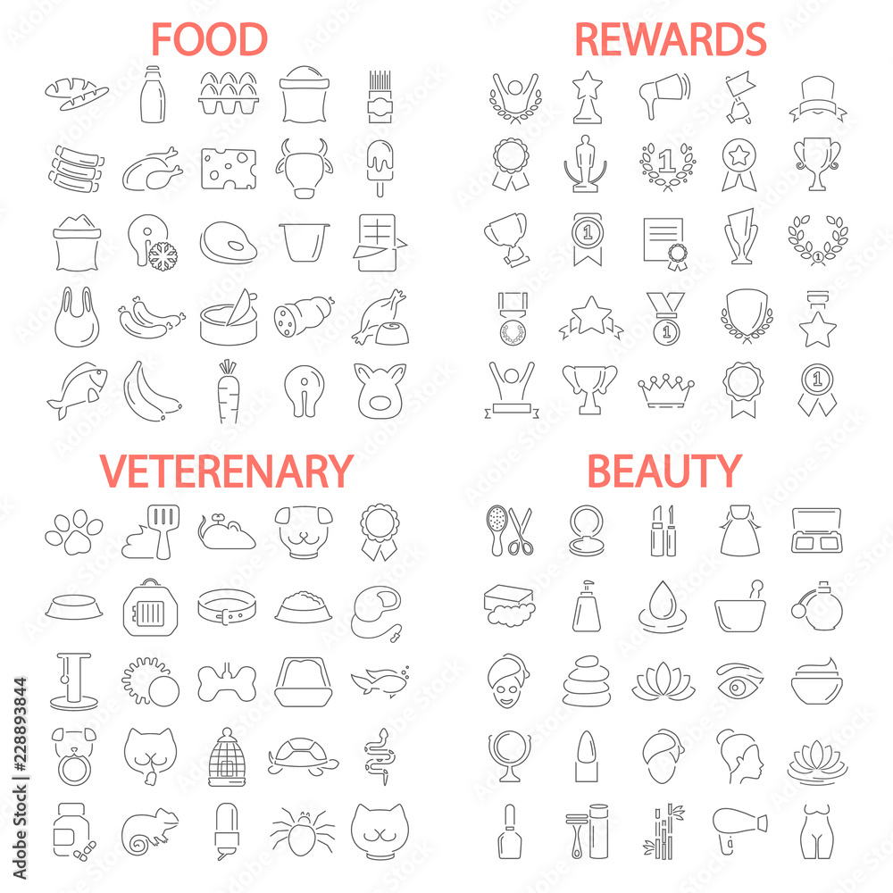 Food. Beauty. Veterenary shop. Rewards and medals line icons set