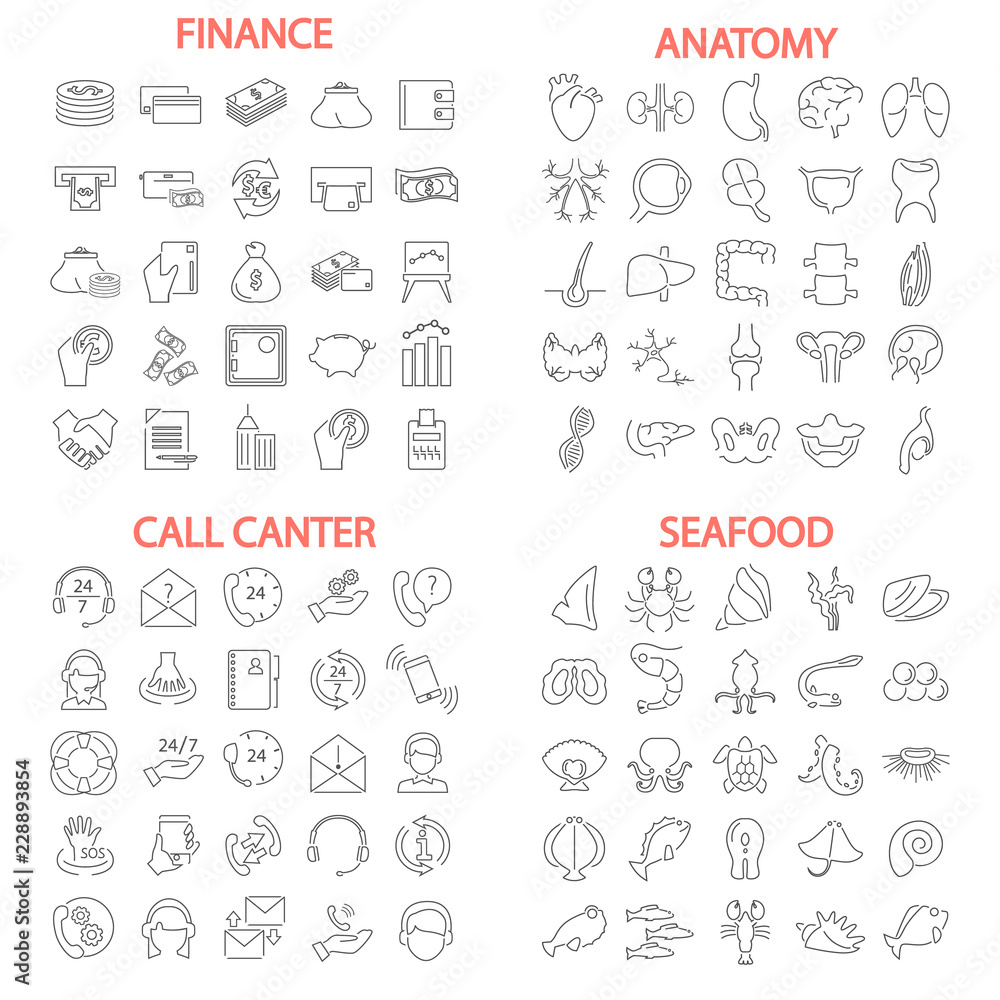 Sea food. Call center service. Banking and finance. Human anatony line icons set Sea food. Call center service. Banking and finance. Human anatony line icons set