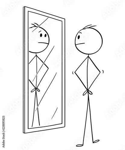 Cartoon stick drawing conceptual illustration of man looking at himself in the mirror.