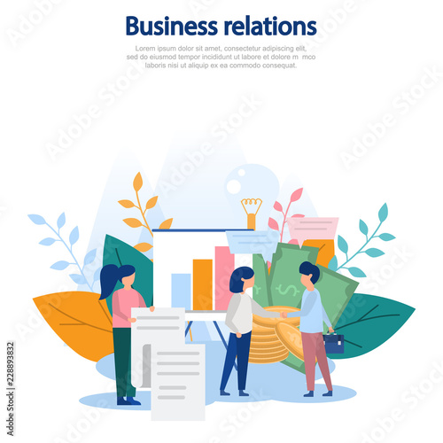 Concept illustration of business relationships, cooperation, lucrative contract, business interaction, relationships, profit. Color flat vector design