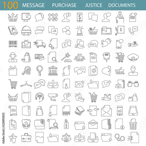 Message related. Law and Justice. Online purchase. Documents management line icons set
