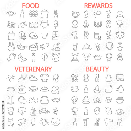 Food. Beauty. Veterenary shop. Rewards and medals line icons set