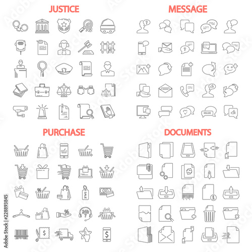 Message related. Law and Justice. Online purchase. Documents management line icons set