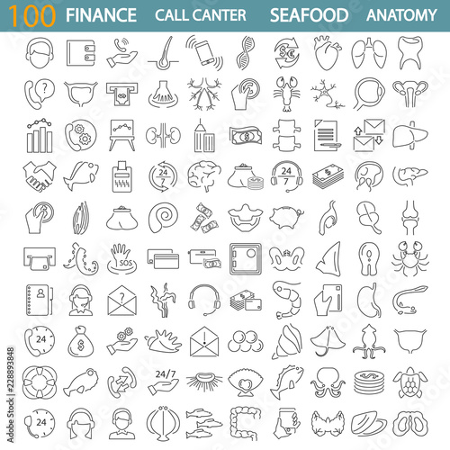 Sea food. Call center service. Banking and finance. Human anatony line icons set © LynxVector