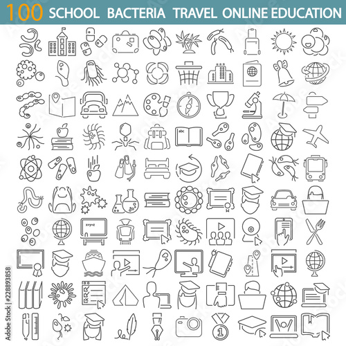 School education. Bacteria and viruses. Travel and vacation. Online education line icons set