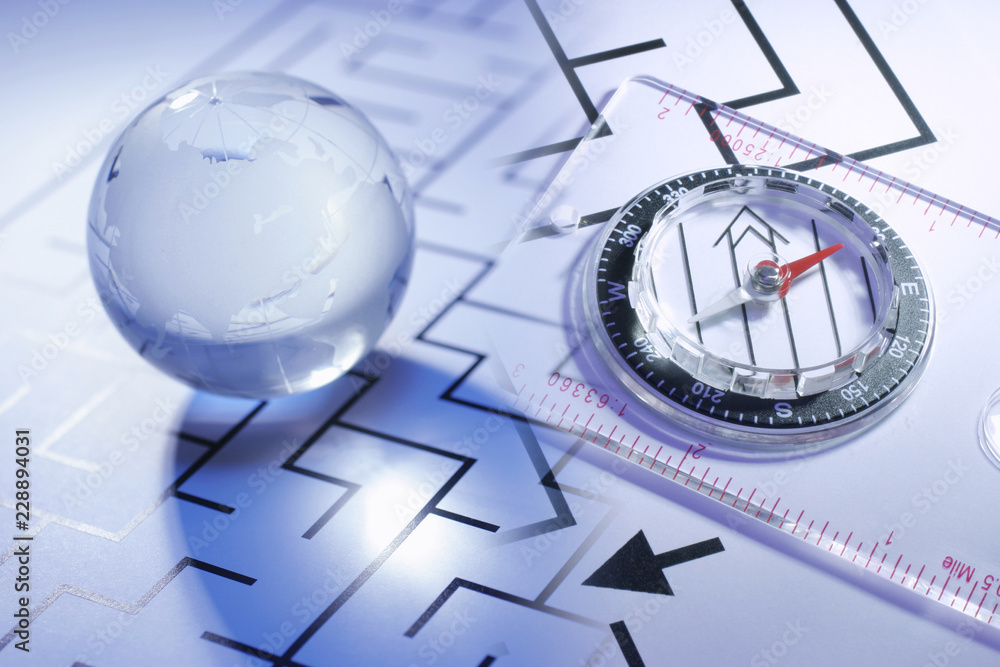 Composite of Crystal Globe and Compass on Labyrinth Composite of Crystal Globe and Compass on Labyrinth