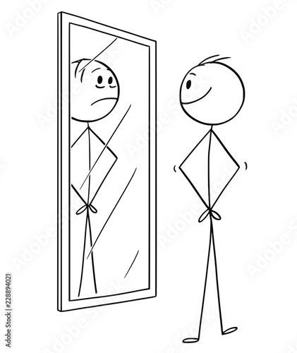 Cartoon stick drawing conceptual illustration of man smiling cheerful man looking at himself in the mirror but seeing sad depressed yourself.