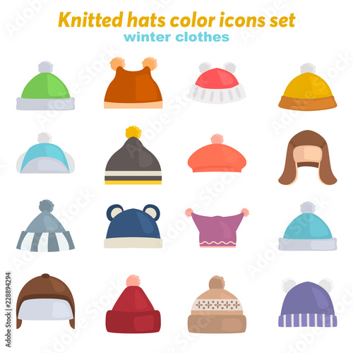 Winter hats color vector icons set. Flat design