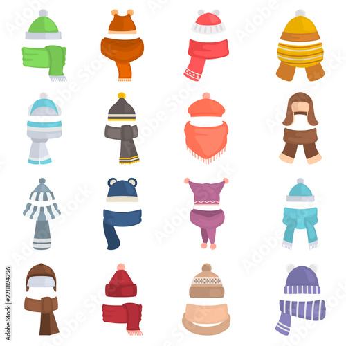 Hats and scarfs color vector icons set. Flat design