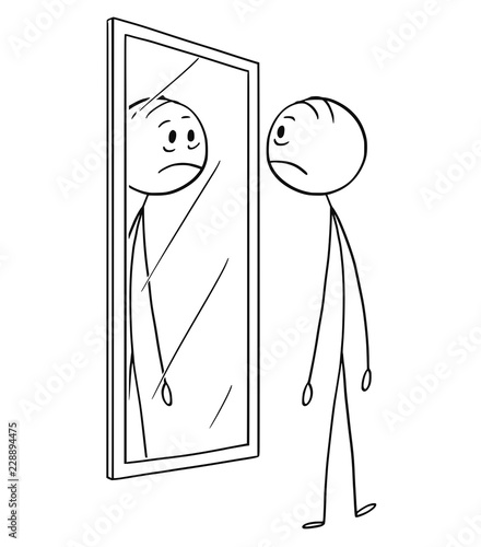 Cartoon stick drawing conceptual illustration of sad depressed man looking at himself in the mirror.
