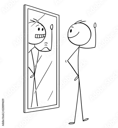 Cartoon stick drawing conceptual illustration of man looking at himself in the mirror and seeing yourself in better shape or condition and muscular with bigger muscles.