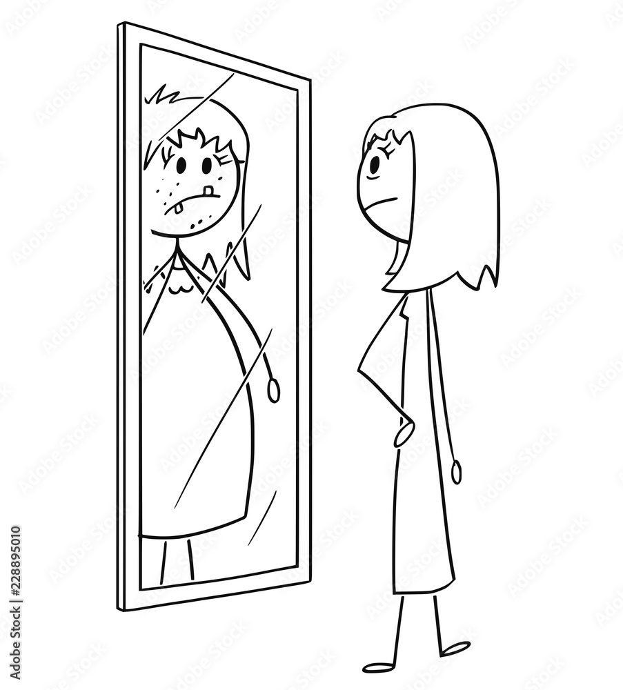 Cartoon stick drawing conceptual illustration of ordinary nice and slim  woman or girl looking at herself