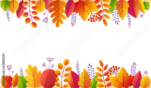Golden autumn leaves colorful vector poster background. Bright fall foliage side frame isolated on white background