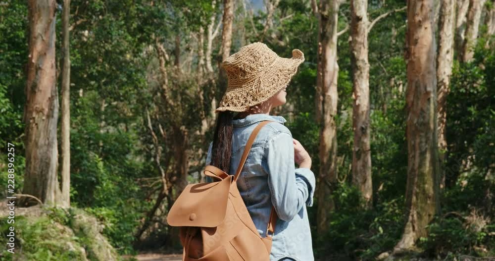 Woman look at the forest in hiking trail Woman look at the forest in hiking trail