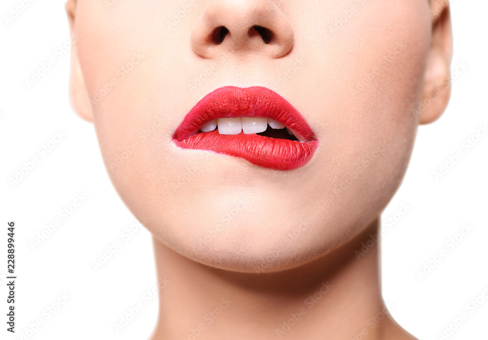 Beautiful young woman with red lips on color background, closeup Beautiful young woman with red lips on color background, closeup