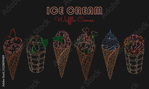 Vector illustrations on the sweets theme; set of different kinds of ice cream in waffle cones decorated with berries, chocolate or nuts. Realistic isolated objects for your design. Neon effect.