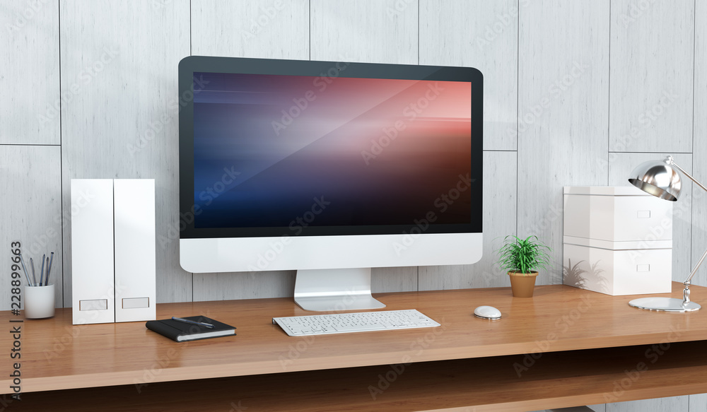 Computer and devices on modern wooden desk interior 3D rendering Computer and devices on modern wooden desk interior 3D rendering