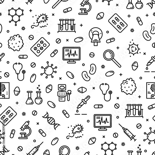 Seamless pattern medicine, laboratory, lab tests & healthcare, medical equipment, tools. Vector illustration. Medical science, microbiology, virology study, immune system and genetics analysis.
