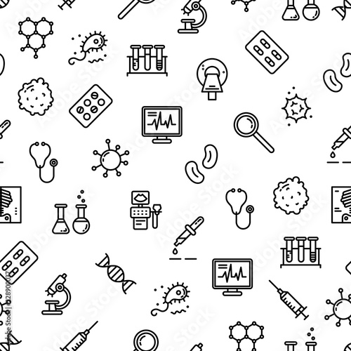 Seamless pattern medicine, laboratory, lab tests & healthcare, medical equipment, tools. Vector illustration. Medical science, microbiology, virology study, immune system and genetics analysis.