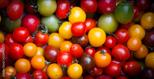 Different colorful cherry tomatoes at organic farmers market in Provence, France. Vignette.