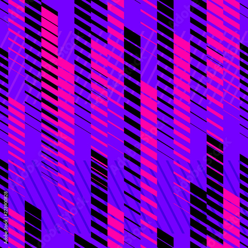 Vector abstract geometric seamless pattern with fading lines, tracks, halftone stripes. Extreme sport style texture, new urban art. Trendy background in bright neon colors, pink, purple, black, blue