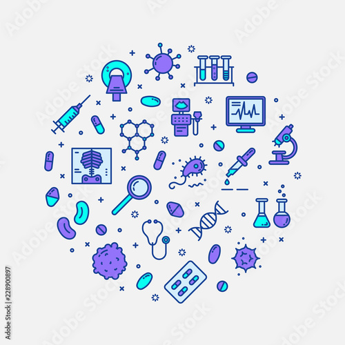 Medical research, clinical laboratory, lab tests & healthcare, medical equipment design element. Medical science, microbiology, virology study, immune system and genetics analysis. Vector outline icon