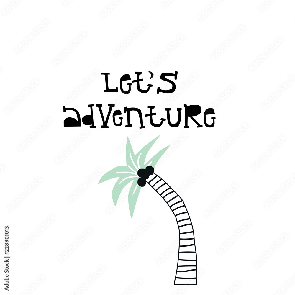 Let's adventure - Summer kids poster with palm and lettering cut out of paper. Vector illustration Let's adventure - Summer kids poster with palm and lettering cut out of paper. Vector illustration