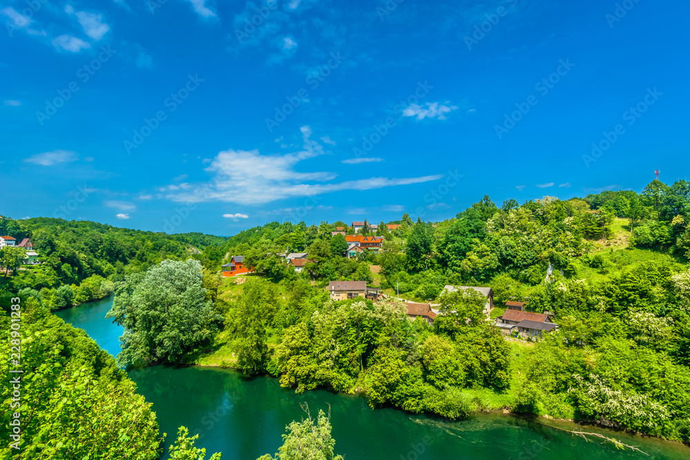 River Krka landscape nature. / Aerial view at colorful landscape in Ozalj town and river Krka, tourist resort in Central Croatia, Europe.
