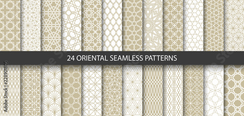Big set of 24 vector ornamental seamless patterns. Collection of geometric patterns in the oriental style. Patterns added to the swatch panel.