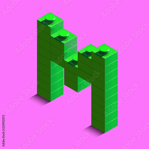 Realistic red 3d isometric letter M of the alphabet from constructor bricks. Red 3d isometric plastic letter from the building blocks. letters. 3d letters