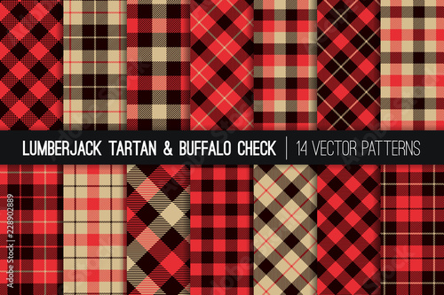 Lumberjack Tartan and Buffalo Check Plaid Vector Patterns. Red, Black and Tan Christmas Backgrounds. Hipster Flannel Shirt Fabric Textures. Repeating Pattern Tile Swatches Included