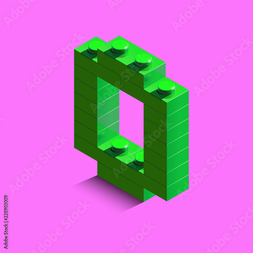 Green number zero from constructor Bricks bricks on pink background. 3d Bricks number zero