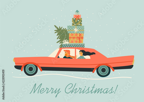 Christmas and Happy New Year illustration with red car. Trendy retro style.